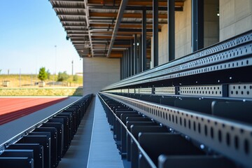 High-angle view of a stadium with perfectly aligned racks and barriers, showcasing meticulous organization.