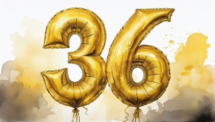 Obraz premium Gold birthday / anniversary party balloon, number 36, watercolor painting with white background