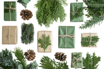 A beautiful arrangement of green gift packages surrounded by pinecones and fresh greenery, perfect for celebrating the holiday season.,Isolated on transparent background