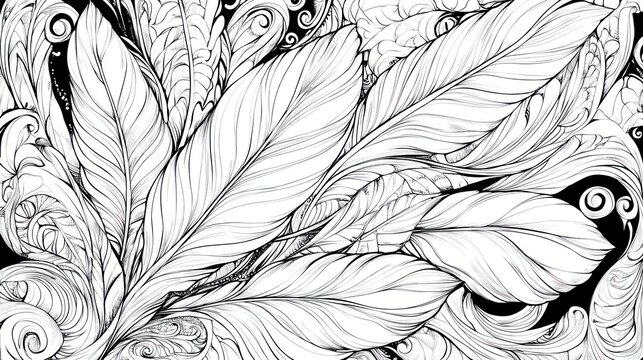 A beautiful printable coloring page featuring detailed feathers, swirling patterns, and intricate lines, perfect for those who enjoy detailed coloring designs 