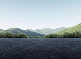 Black asphalt road with a blue sky and green mountain background, a landscape view of an empty concrete ground for car advertising or product display