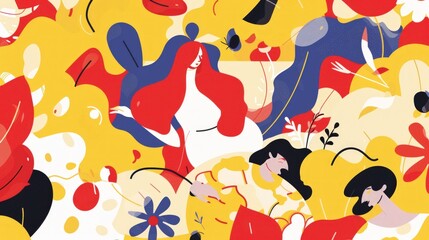 Vibrant Abstract Artwork: Women Amidst Colorful Flora