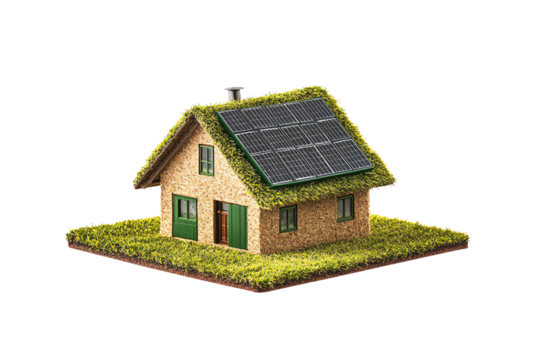 A charming eco-friendly house with a green roof covered in grass and solar panels, showcasing sustainable living and innovative design.,Isolated on transparent background