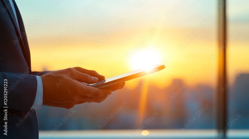 Poster businessman in sharp suit using mobile phone for communication