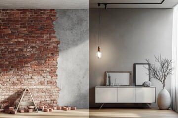 Stunning interior scene  contrast of renovation and modern design in a stylish room setting