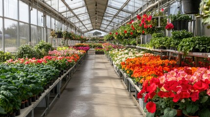 Fototapeta premium A close-up of blooming flowers in a greenhouse, with bright petals contrasting against green foliage under controlled environmental conditions.