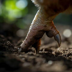 Obraz premium Close-up of a chicken's foot with sharp claws digging into the dirt with a blurred background