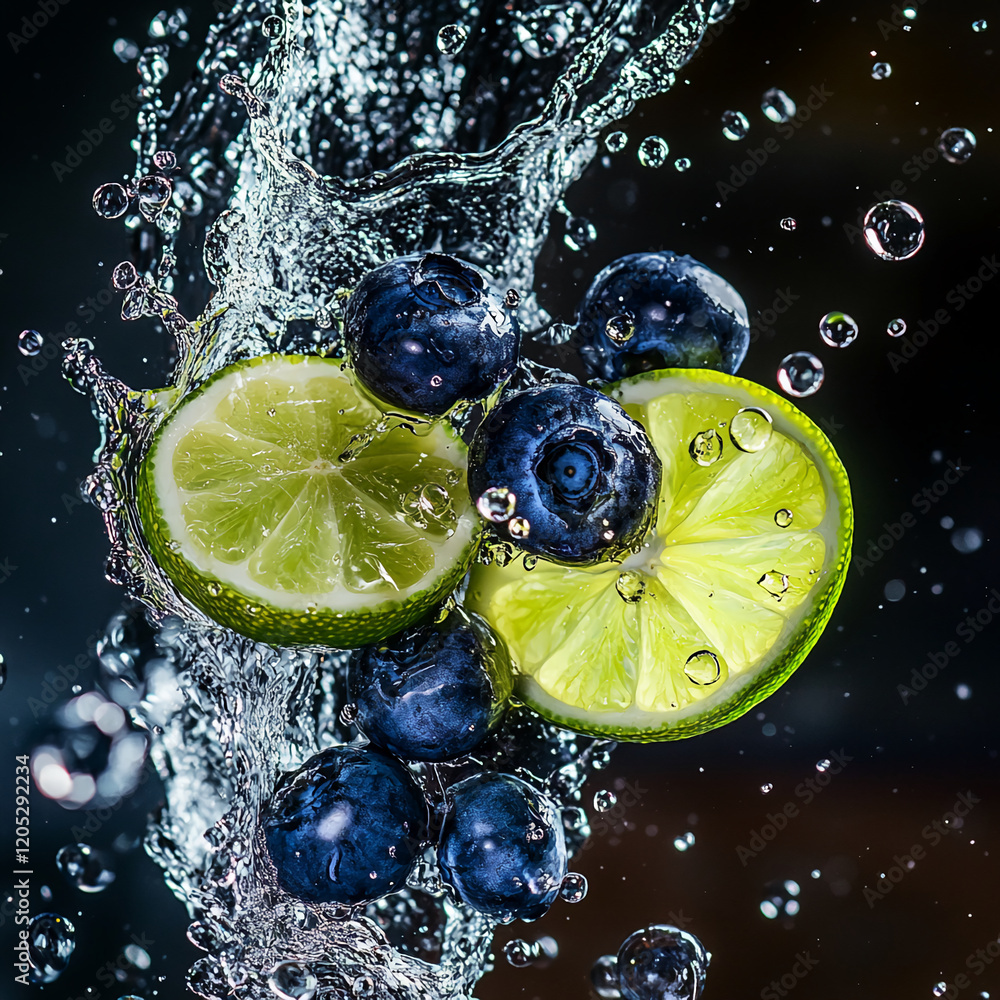 Poster fresh blueberries and lime slices splash into clear water creating dynamic droplets and vibrant colo