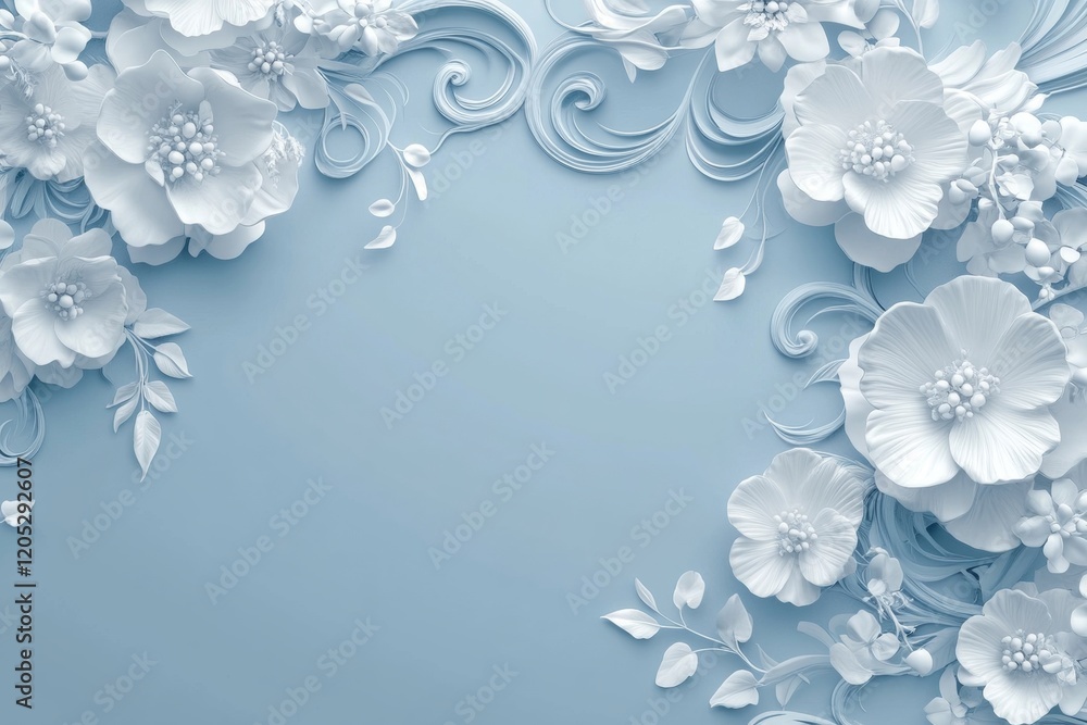 Sticker Vector illustration of elegant white floral swirls on a serene blue background for design use