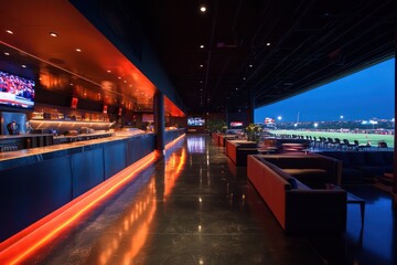 High-profile sports event with sleek stadium seats, modern concessions, and grand decor elements.