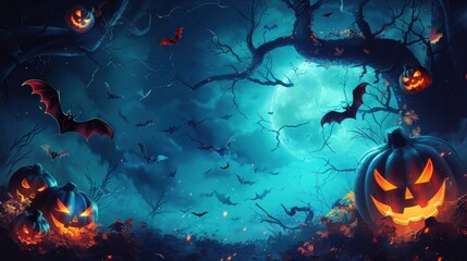Halloween scene with bats and pumpkins