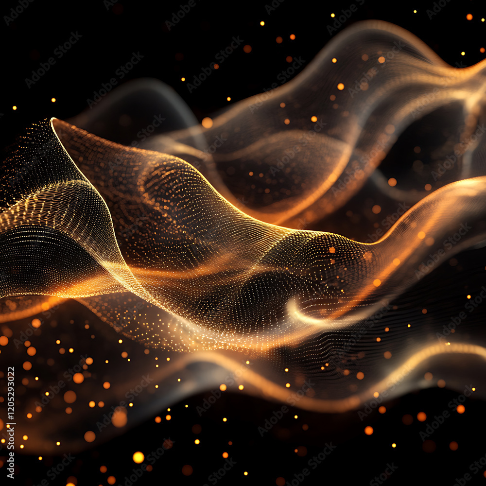 Poster abstract waves of golden light flow gracefully against dark background, creating mesmerizing visual 