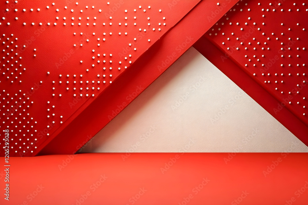 Poster minimalist geometric composition with layered red panels, textured surfaces, and white dots creating