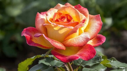 Obraz premium A detailed view of a colorful rose flower with gradient petals in vivid red, orange, and yellow tones, illuminated by natural sunlight.