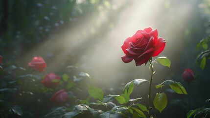 Obraz premium A flawless red rose illuminated by soft light, standing out against a lush bed of rose bushes inside a Dutch greenhouse.