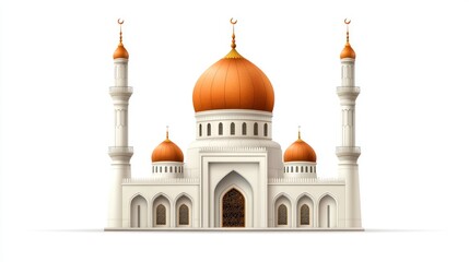 A stylized illustration of a mosque with orange domes and minarets.