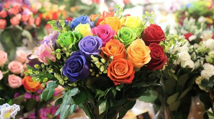 Obraz premium A florist shop filled with vibrant colors, featuring a beautiful bunch of rainbow roses as the centerpiece of the display.