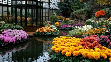 Fototapeta premium A flower greenhouse filled with blooming plants in vibrant colors, showcasing the efficiency and beauty of greenhouse farming.