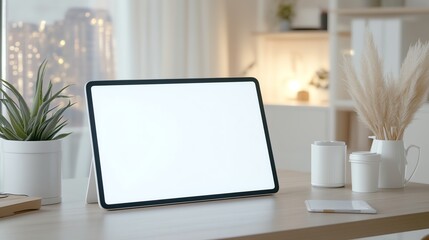 Fototapeta premium Cozy workspace featuring a blank tablet on a wooden desk, surrounded by plants and modern decor in soft lighting.