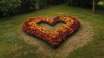 A flower-filled heart installation made of vibrant petunias decorates the gardens of Pakruojis Manor, Lithuania, during the peak of summer.