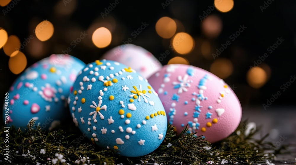 Poster colorful easter eggs decorated with patterns resting on green moss against a soft bokeh background