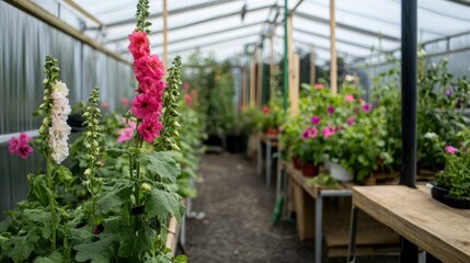 Fototapeta premium A greenhouse interior filled with rows of delicate flowers in various stages of bloom, capturing the beauty of sustainable floriculture.
