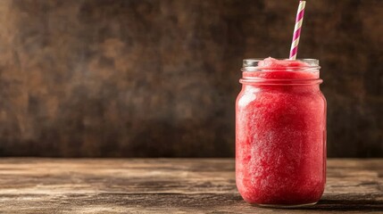 Refreshing red fruit smoothie in mason jar on rustic wood; summer drink.