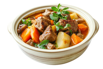A delicious beef stew filled with tender meat, carrots, and potatoes, garnished with fresh herbs, perfect for comforting meals.,Isolated on transparent background