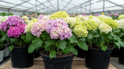 A lush greenhouse interior filled with hydrangea seedlings in pots, ready for transplanting on an eco-friendly flower farm.