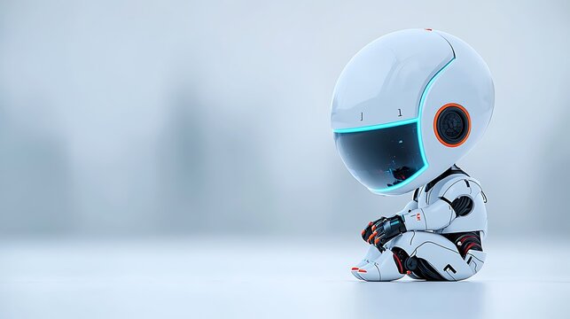 Sad robot sitting, futuristic background, technology concept, website banner