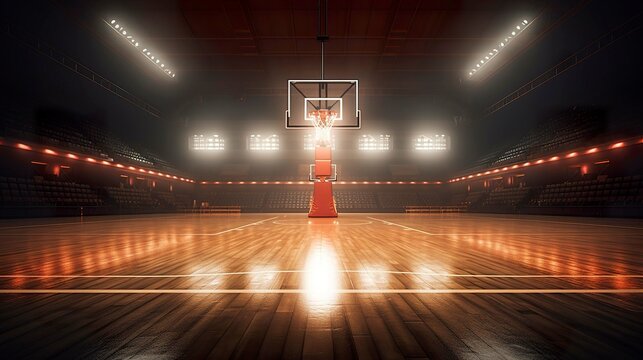 A photo of a basketball court under spotlights.