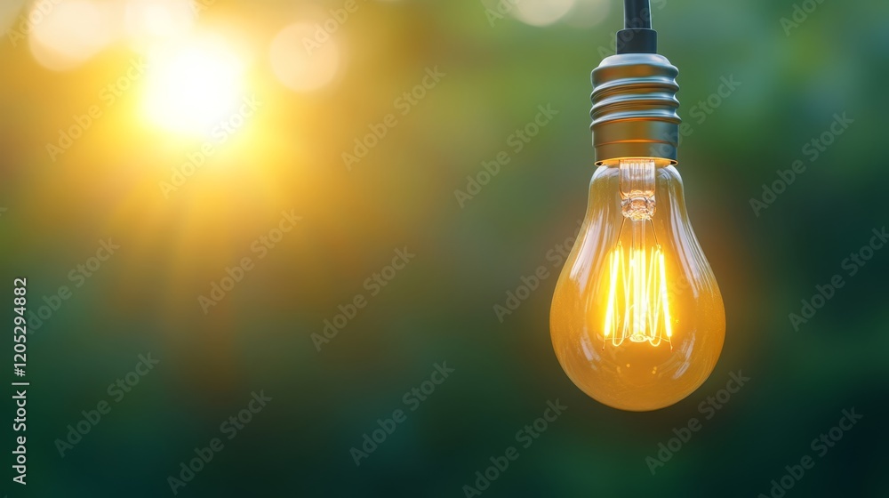 Poster illuminated light bulb hanging by knotted string against dark background single