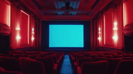 Fototapeta premium People in the cinema auditorium with Cinema blank wide screen and red chairs in the cinema hall,People silhouettes watching movie performance,empty white screen,space for text,copy space.
