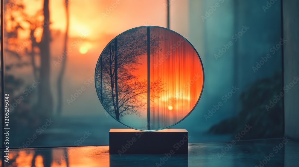 Poster one translucent metallic circle in soft hues on a dark mirror-like background