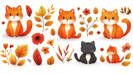 Obraz premium Playful autumn-themed illustrations featuring adorable cats and colorful leaves in a whimsical style