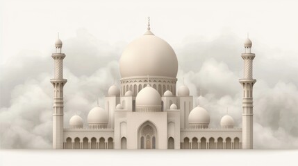 Fototapeta premium A stylized, minimalist architectural depiction of a grand mosque surrounded by clouds.