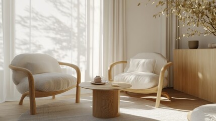 Scandinavian dessert shop decor featuring light wooden furniture, soft textiles, and neutral tones for a cozy and sophisticated atmosphere