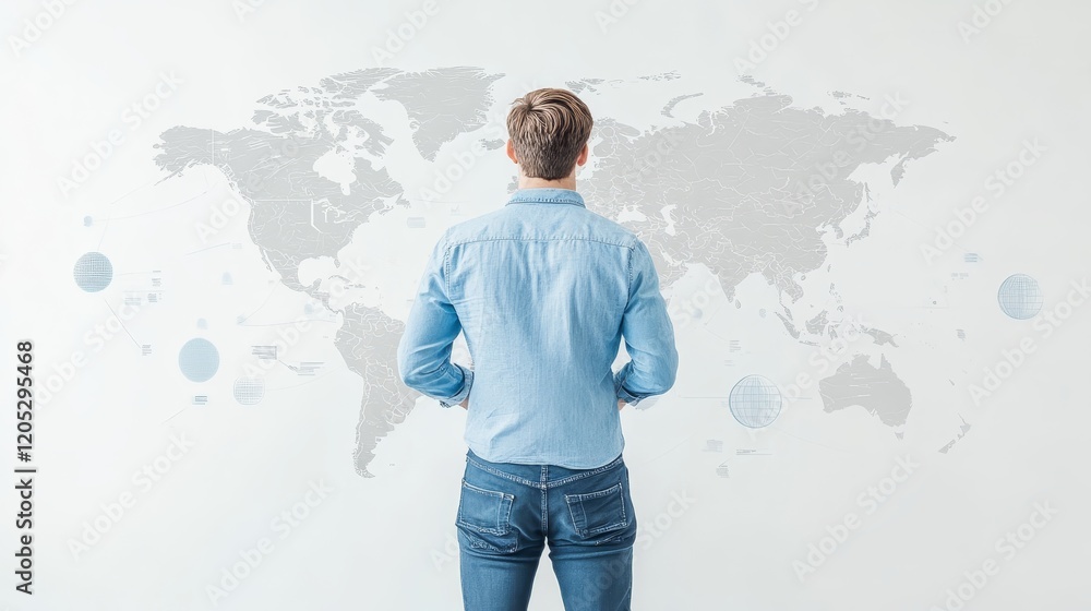 Poster man contemplates global connections while standing before detailed world map