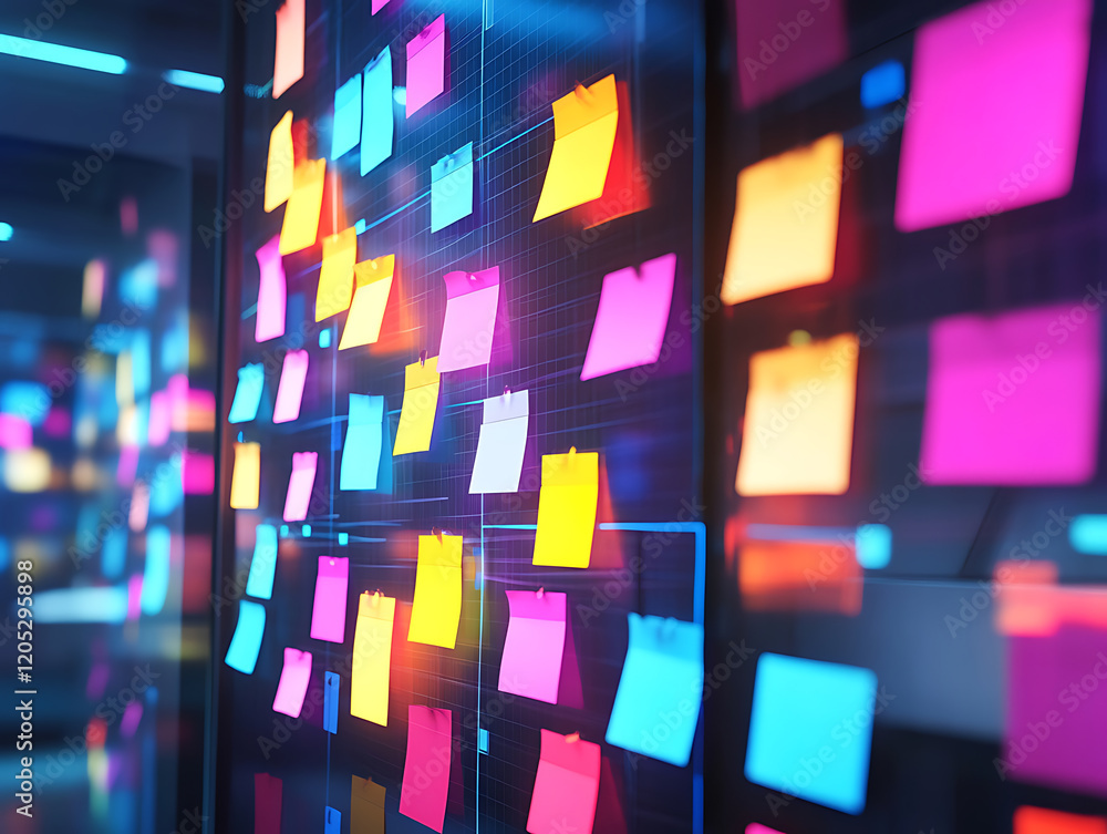 Poster creative brainstorming session with colorful sticky notes in modern office space