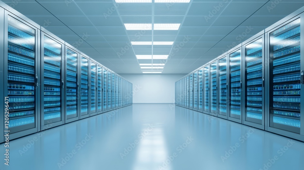 Poster powerful servers aligned in data center the backbone of modern technology