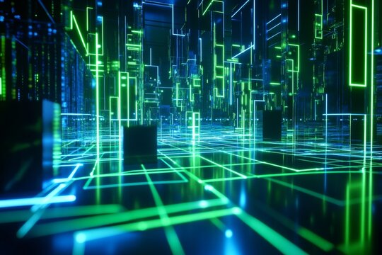 Futuristic cybernetic interface with glowing blue and green circuitry in a dynamic sci fi setting - Powered by Adobe