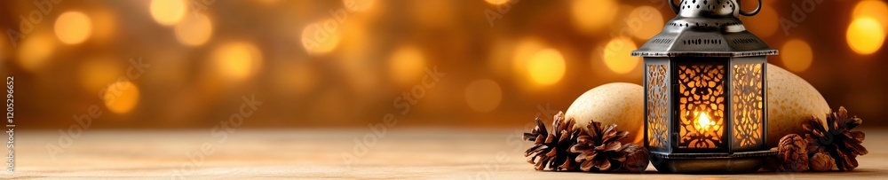 Poster beautiful lantern illuminated during ramadan with festive bokeh background setting the atmosphere fo