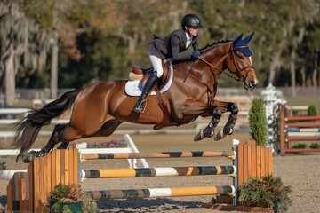 Equestrian jumping a fence in a show jumping competition