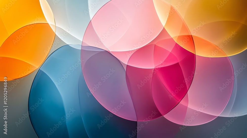 Poster overlapping translucent circles in pastel colors on a deep gray background