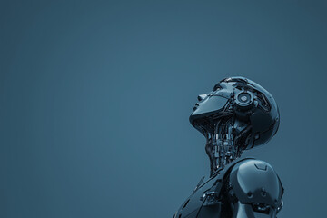 Humanoid robot thinking about something futuristic technology concept on a dark blue background with copy space. AI and the digital transformation of an artificial intelligence.