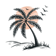 Obraz premium Silhouette of tropical sunset scene with palm trees and birds 