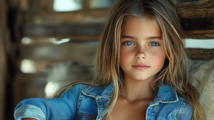 Obraz premium Portrait of a young girl with long hair and blue eyes, sitting casually in a rustic wooden setting