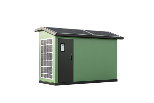 A modern green structure equipped with solar panels, showcasing sustainable architecture and energy efficiency in urban settings.,Isolated on transparent background