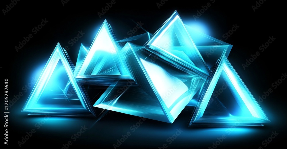 Poster shiny blue fragments, like small triangles of glass, glow and move dynamically on a dark background,