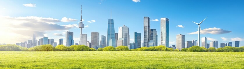 Obraz premium Modern cityscape towering skyscrapers and prominent wind turbine in the urban skyline